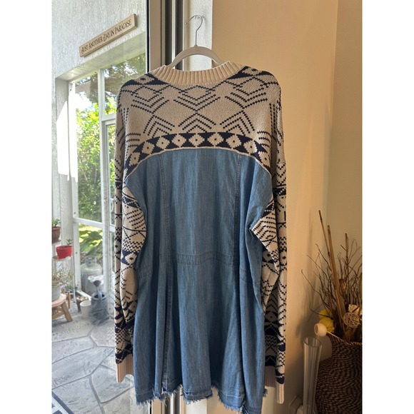 Free People Dominic Denim Mini Dress Knit Sweater Sleeves Button Down size L EUC - Picture 7 of 13